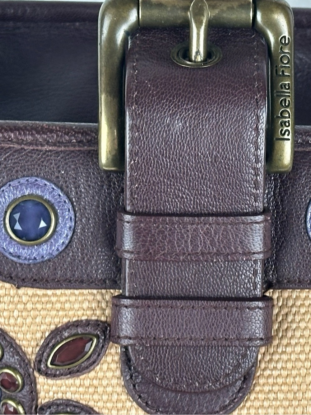 Isabella Fiore ‘Set in Stone’ Jeweled Tote Bag Tan and Brown Leather Trim - Picture 11 of 16